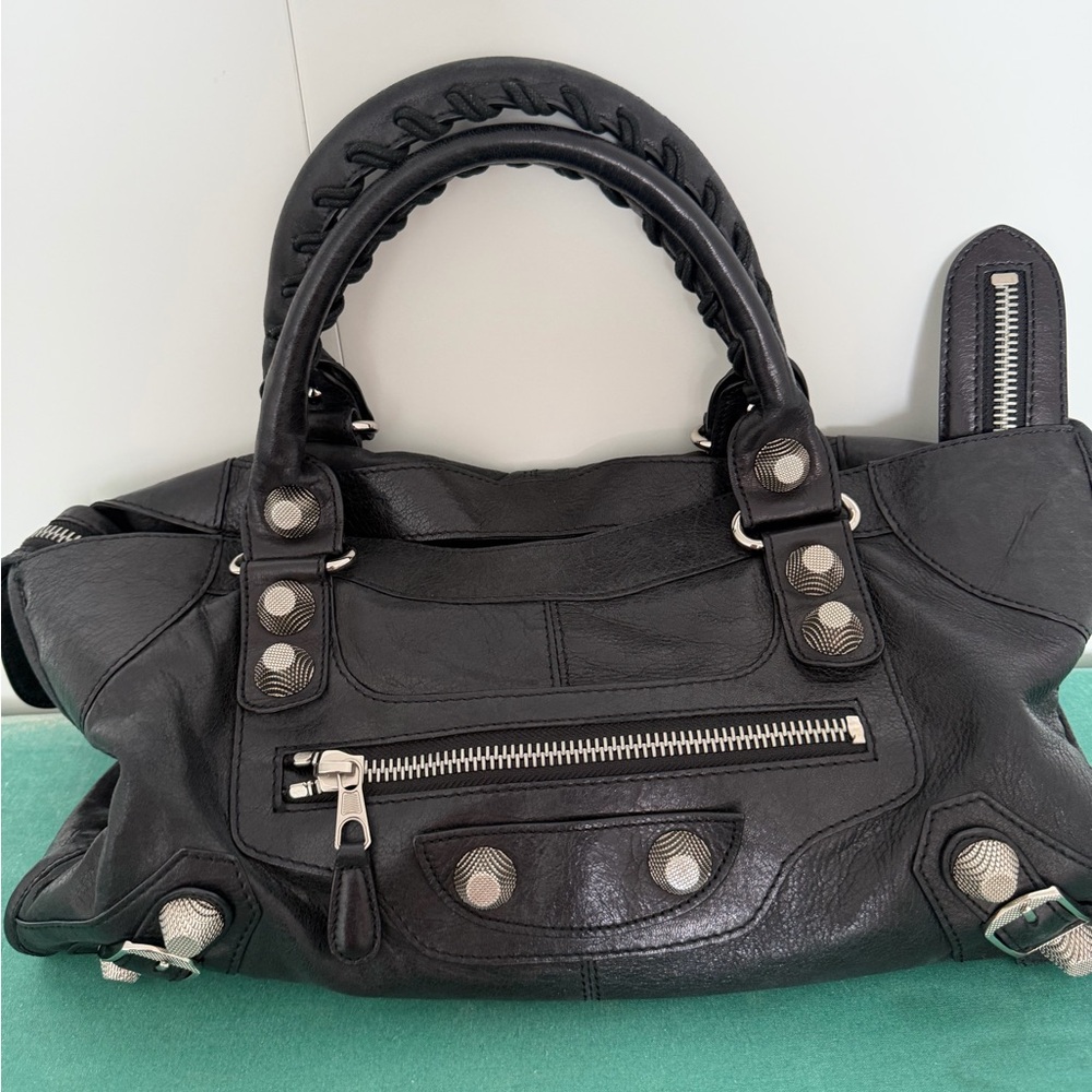Balenciaga Black Leather Shoulder Bag with Silver Accents